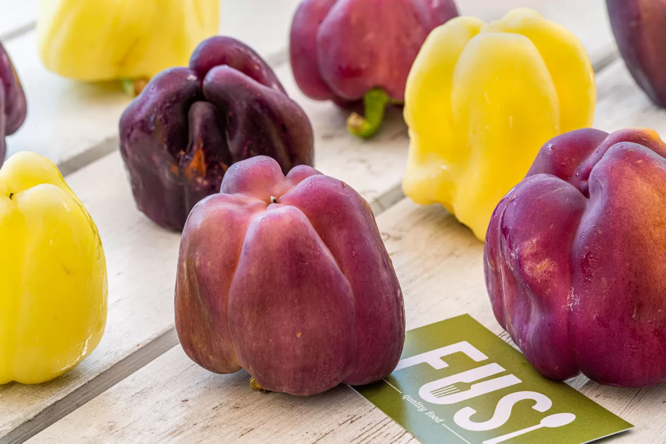 Peperoni viola e gialli di stagione – food photography di verdure fresche